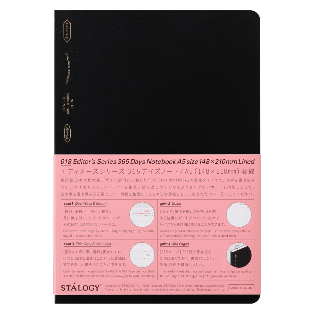 018 Editor's Series 365 Days Notebook Lined Black A5. Linjerad anteckningsbok från Stálogy. - Tidformer