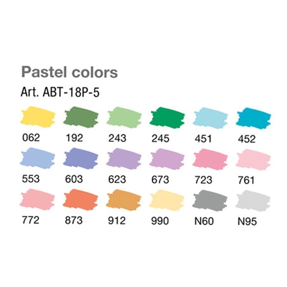 Swatches på de 18 pastellfärger i ABT Dual brush pen 18-pack - Pastel colors från Tombow - Tidformera