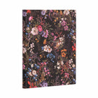 Anteckningsbok Floralia Ultra Linjerad Flexis från Paperblanks. Boken har svart botten med blommor i många olika färger. - Tidformera