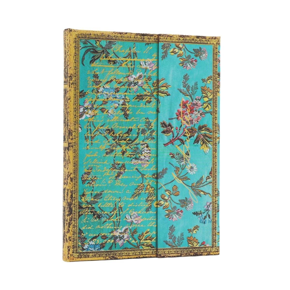 Turkos anteckningsbok Jane Austen Persuasion - Midi Olinjerad Wrap från Paperblanks med blommor och guldfärgat ram.- Tidformera