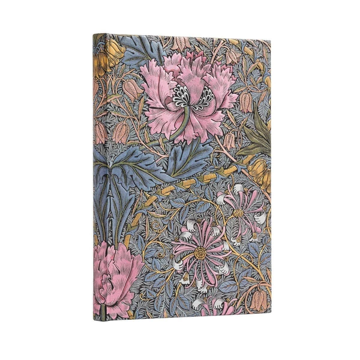 Anteckningsbok med William Morris motiv Pink Honeysuckle - Midi Linjerad Hård pärm Elastiskt band från Paperblanks - Tidformera
