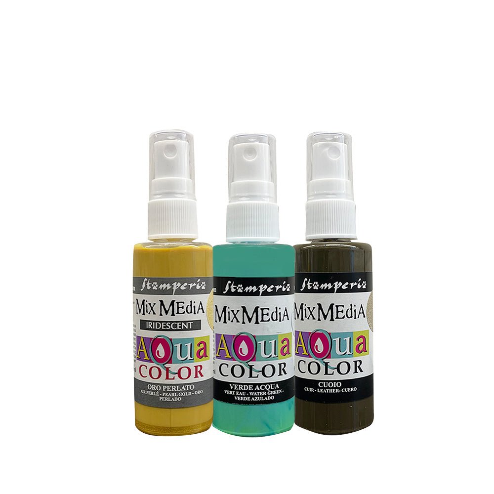 Aquacolor Paint Kit - Masquerade - 1 - Stamperia. 3 sprayflaskor med färg i gult, turkos och brunt. -Tidformera