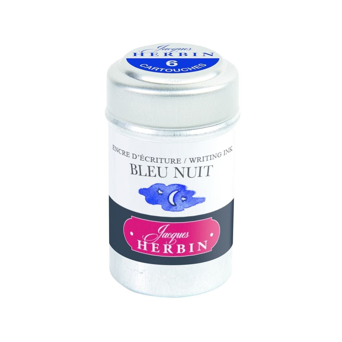 Bläckpatron 6 - pack - Bleu Nuit från Herbin. Metallburk med blått på. - Tidformera