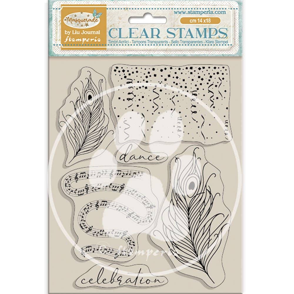 Clear stamps Masquerade - Feathers från Stamperia. Förpackning med stämplar med musiknoter, påfågelsfjädrar och konfetti. - Tidformera