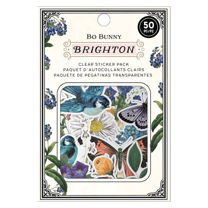 Förpackning med Clear sticker pack Bo Bunny Brighton från American Crafts. Klistermärken med blommor, fjärilar, fåglar.
