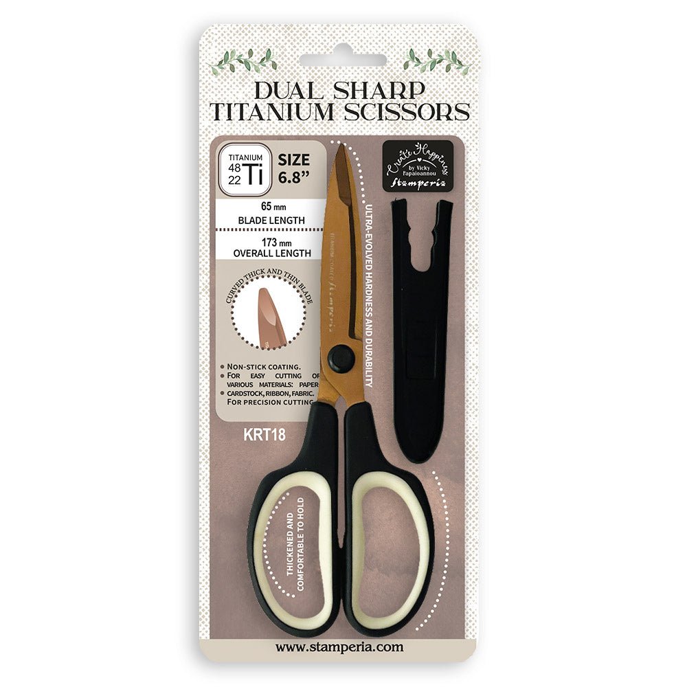 Create Happiness Dual Sharp Titanium Scissors - Sax från Stamperia. Förpackning med en sax i. På förpackning står Titanium Size 6.8 65 mm blade lenght 173 mm Overall lenght - Tidformera