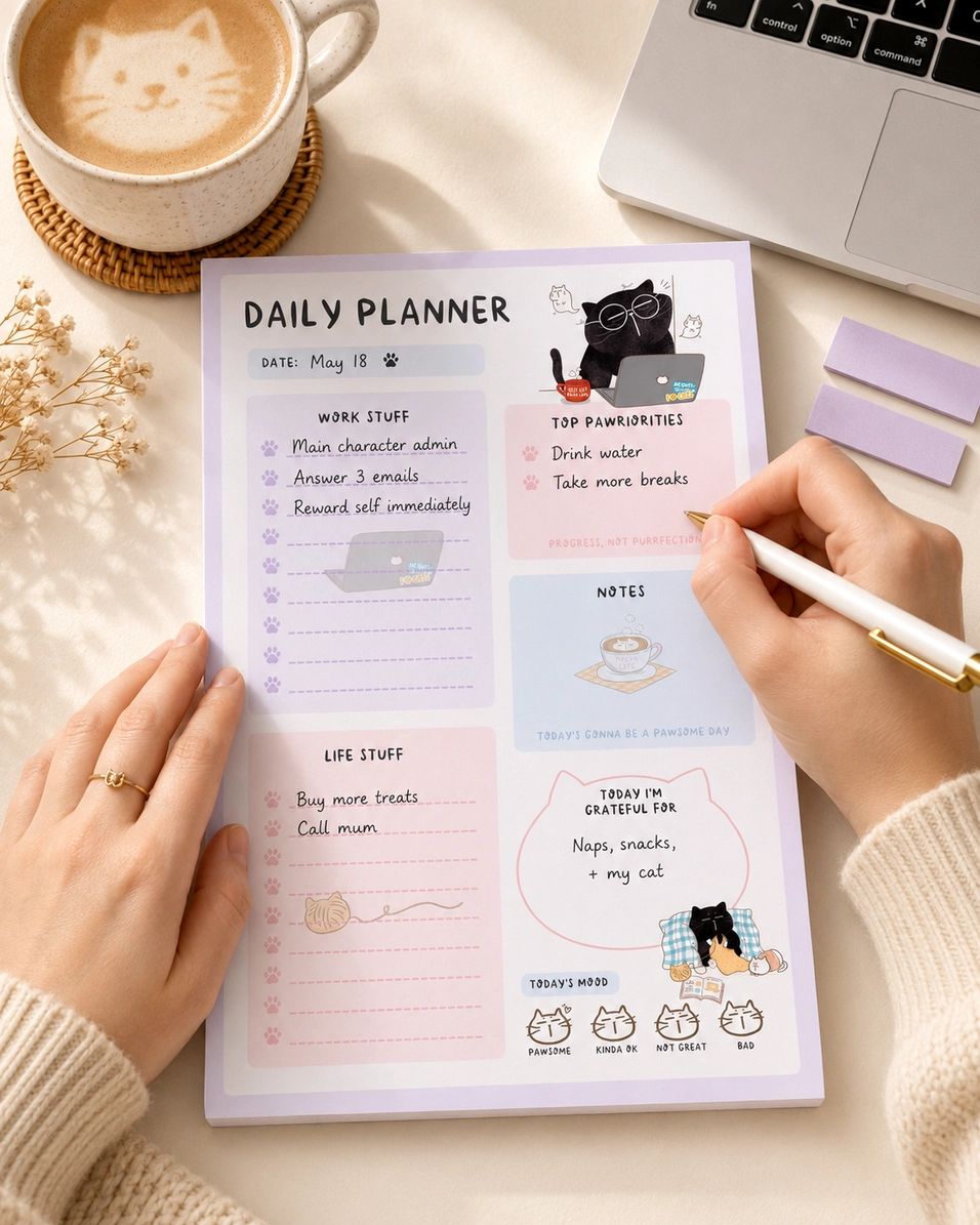 Daily Planner Notepad - Mocha cat - A5 - 2 - Moonaries illo - Tidformera
