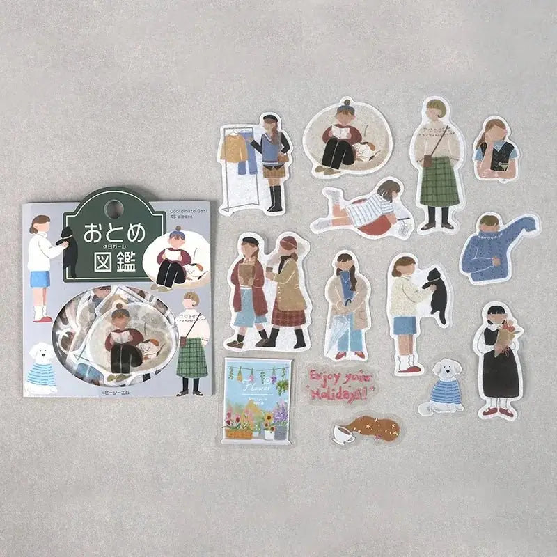 Flake stickers Coordinate - Otome Zukan - Holiday Girl från BGM- Förpackningen och klistermärken ligger bredvid. Motiv med människor. - Tidformera