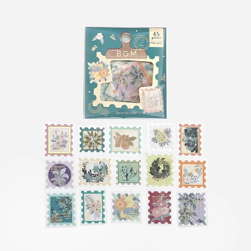 Flake stickers Post Office - Blossom från BGM. Förpackning med klistermärken. Bredvid ligger stickers utformade som frimärken med motiv med blommor. - Tidformera