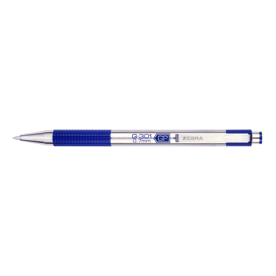 Gel Pen G301 - 0,7 - Blue från Zebra. En silverfärgad penna med metallkropp och blåa detaljer. - Tidformera