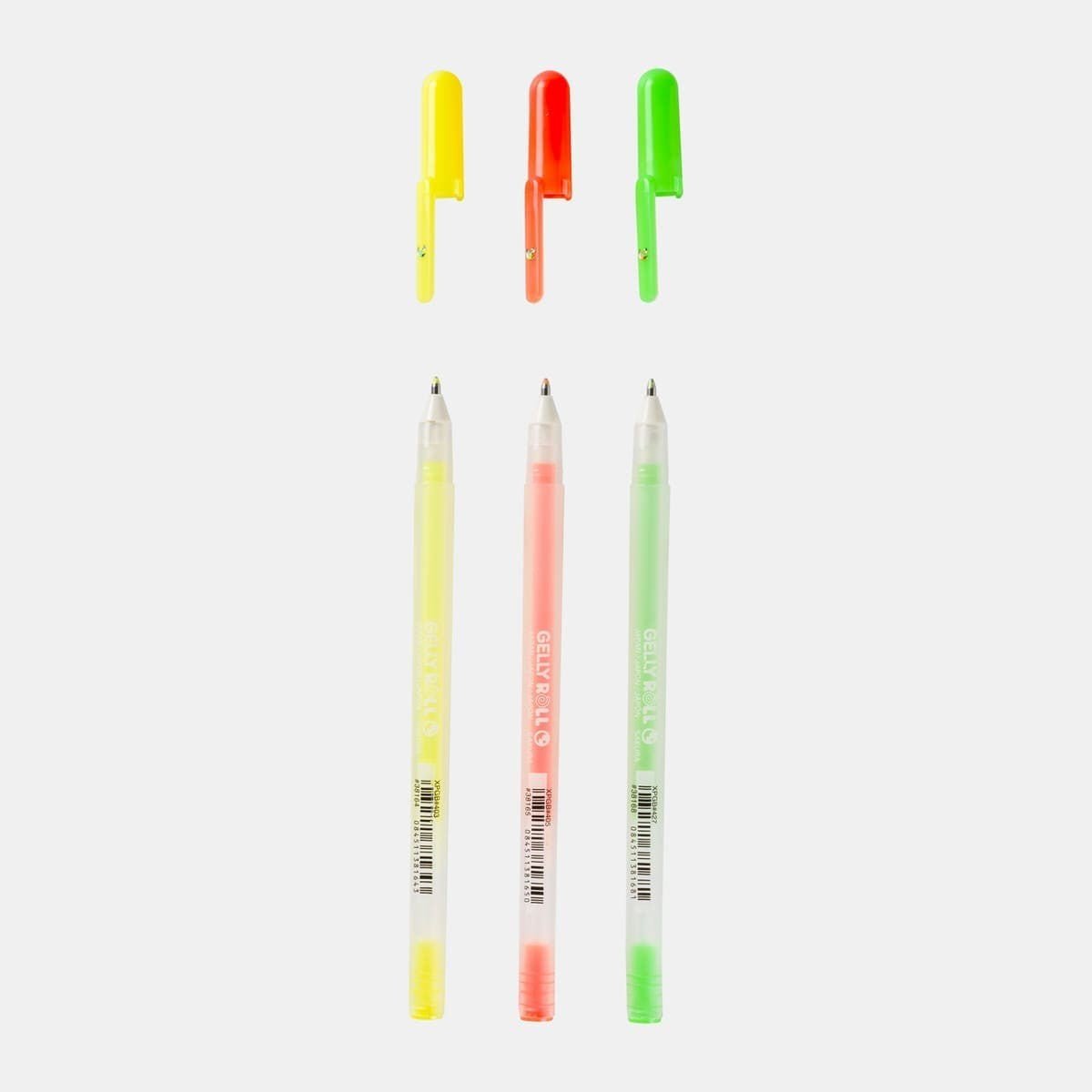 Gelly roll Gelpenna 3 - pack - Happy från Sakura. Tre pennor med avtagna lock. Färgerna på pennorna har intensiva färger i gult, orange och grönt. - Tidformera
