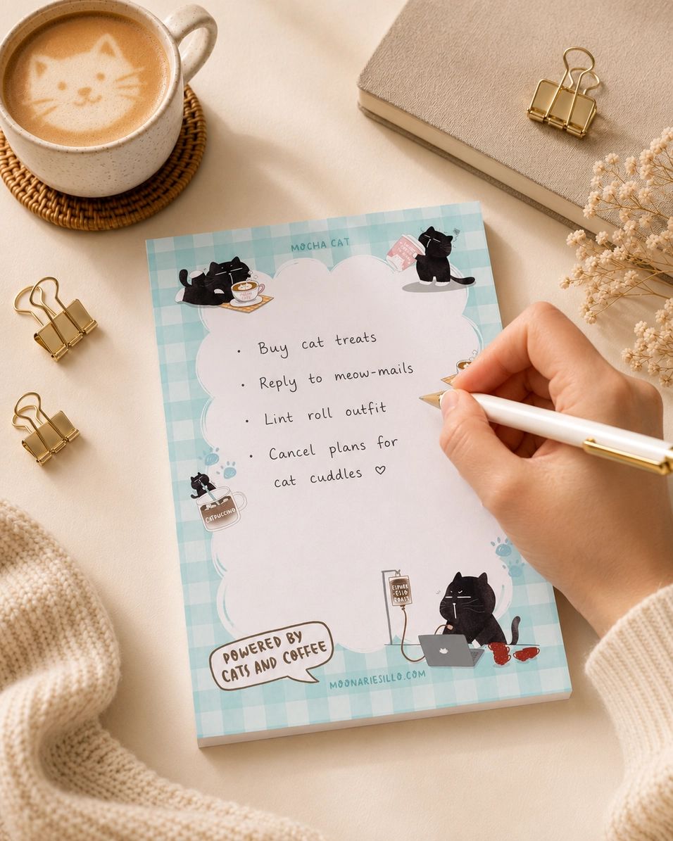 Illustrated Notepad - Mocha cat - A6 - 3 - Moonaries illo - Tidformera