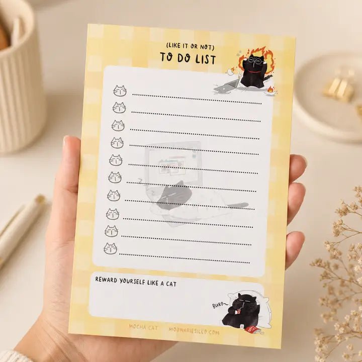 Illustrated To Do List Notepad - Mocha cat - A6 - 4 - Moonaries illo - Tidformera