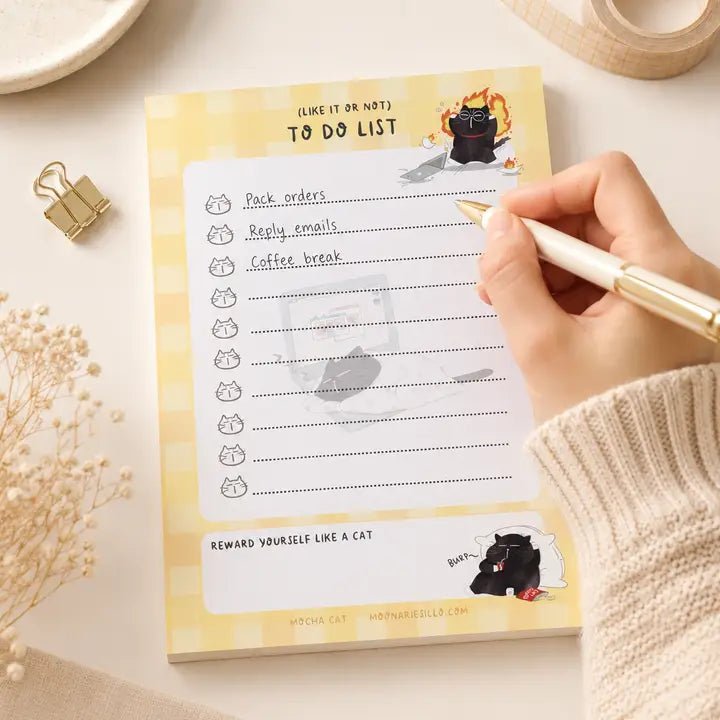 Illustrated To Do List Notepad - Mocha cat - A6 - 5 - Moonaries illo - Tidformera
