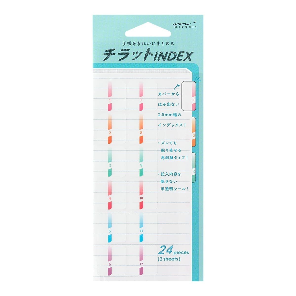 Förpackning med Index Chiratto Stickers från Midori . Transparenta indexflikar i olika färger med numrering mellan 1 till 12.