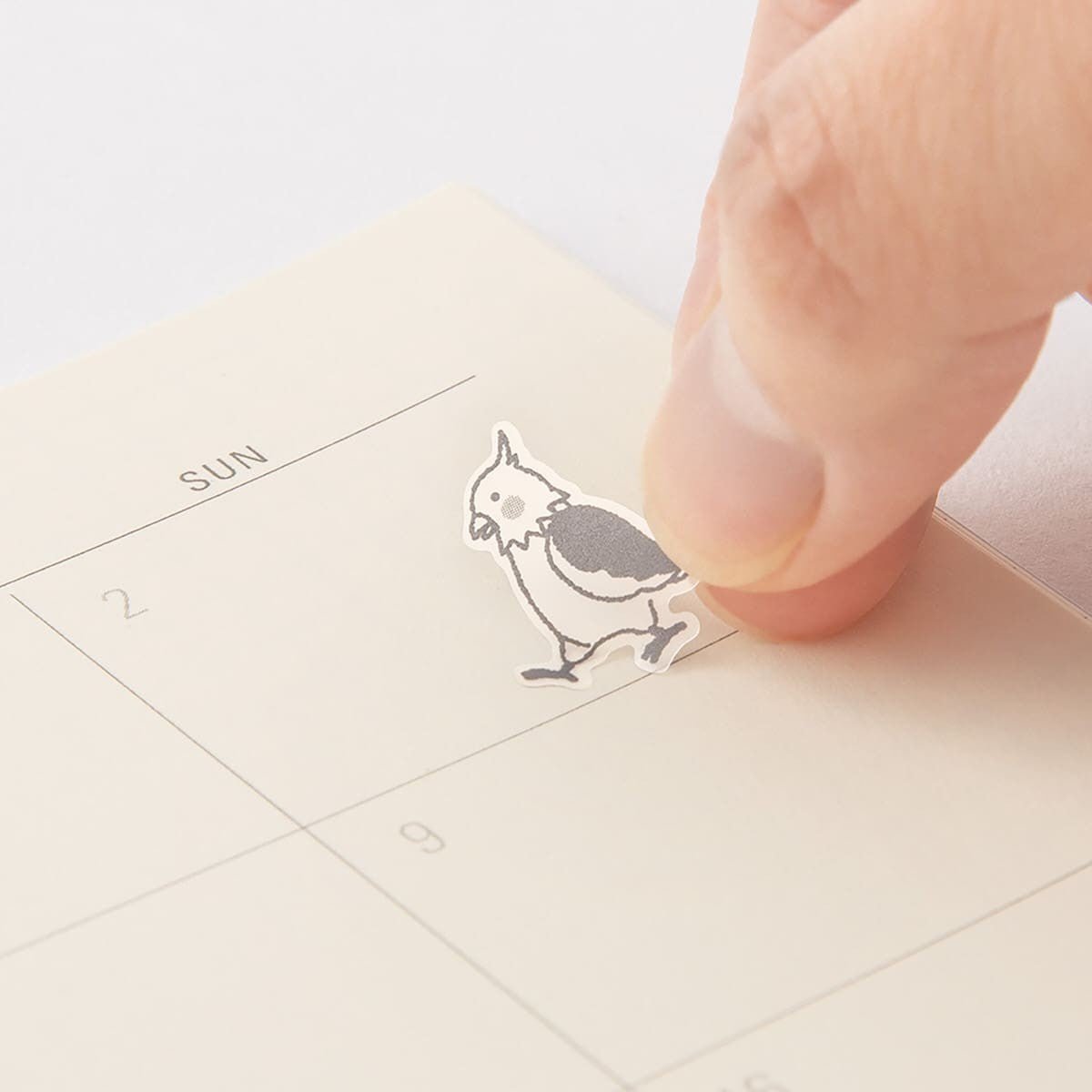 Kalenderstickers Djurtema - Birds från Midori. Ett finger fäster ett klistermärke med en fågel i en kalender. Tidformera
