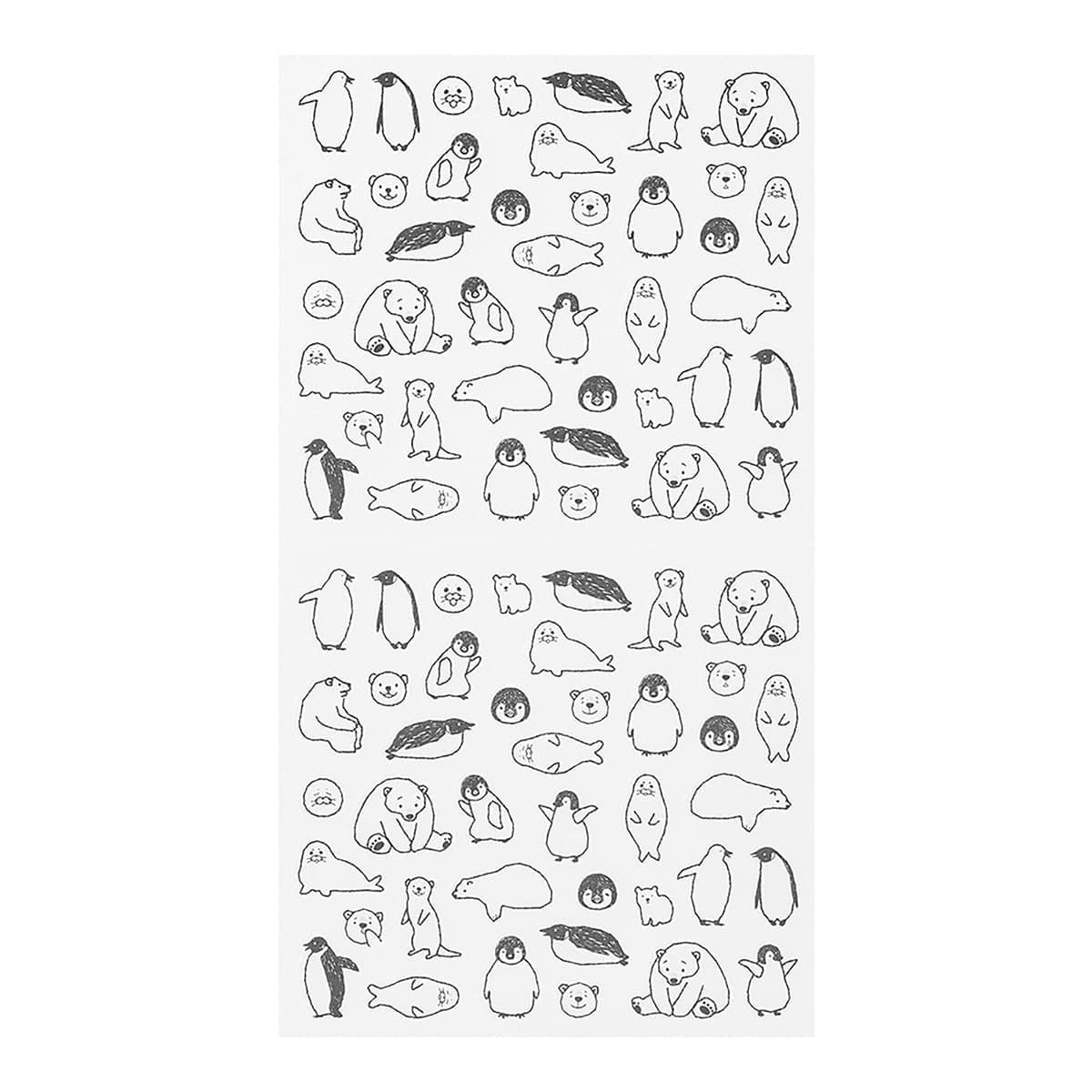 Kalenderstickers Djurtema - Sea creatures från Midori. Ett ark med svart vita stickers med motiv med sälar, pingviner och isbjörnar. Tidformera