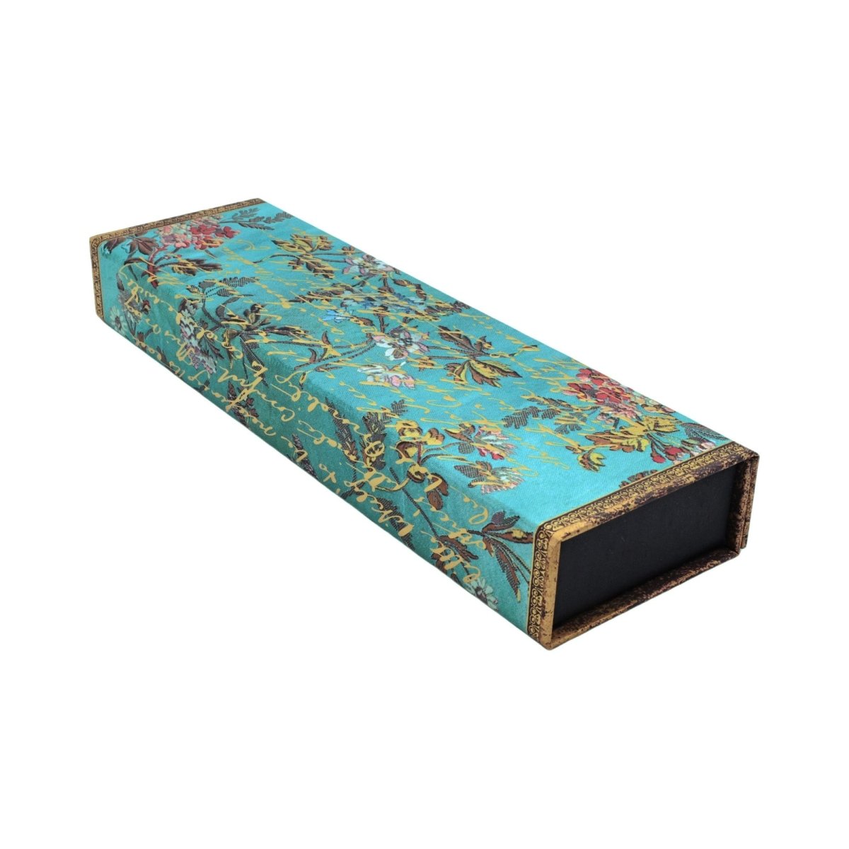 Turkosfärgat pennskrin Paperblanks - Jane Austen Persuasion från Paperblanks. Det är blommor och text i mönstret på pennfodralet. - Tidformera