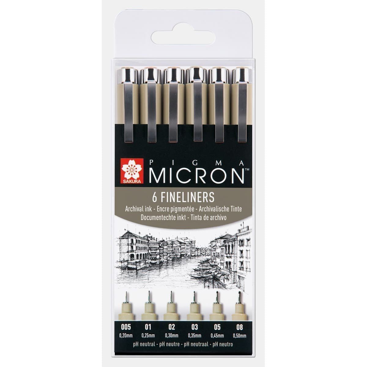 Förpackningar med Pigma micron Fineliner som är Svarta och i storlekarna 005, 01, 02, 03, 05, 08.