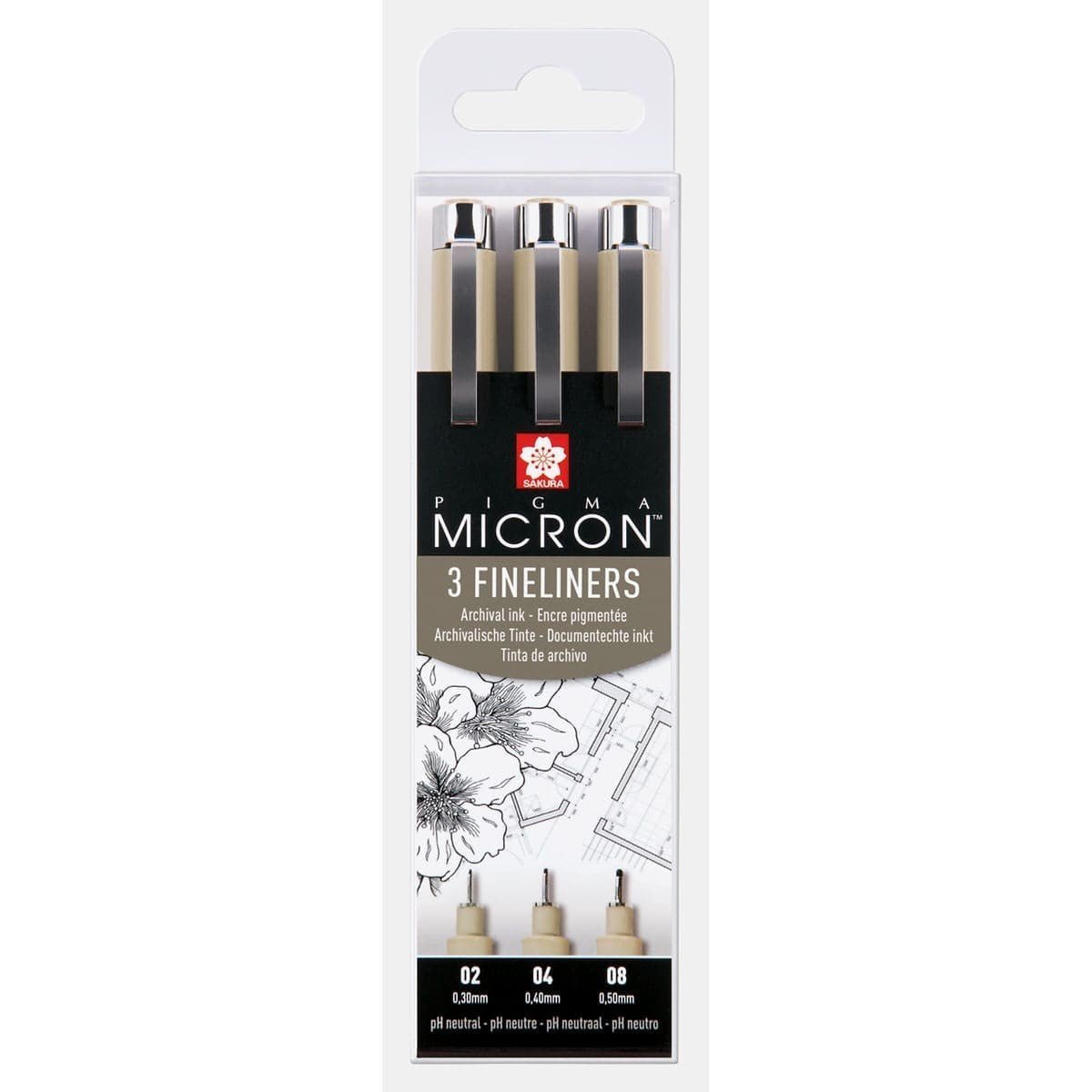 Pigma micron Fineliner Förpackningar Svarta - 02, 04, 08 från Sakura - Förpackning med tre stycken pennor. - Tidformera