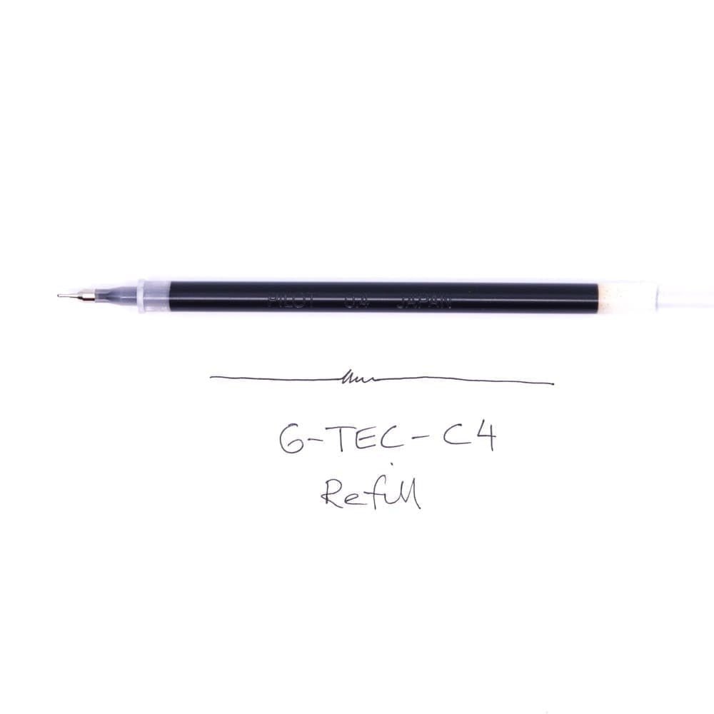 Svart refill till en penna och bredvid är det skrivet G-tec-c4 refill. - Refill G-Tec 0,4 mm Svart från Pilot Pen.