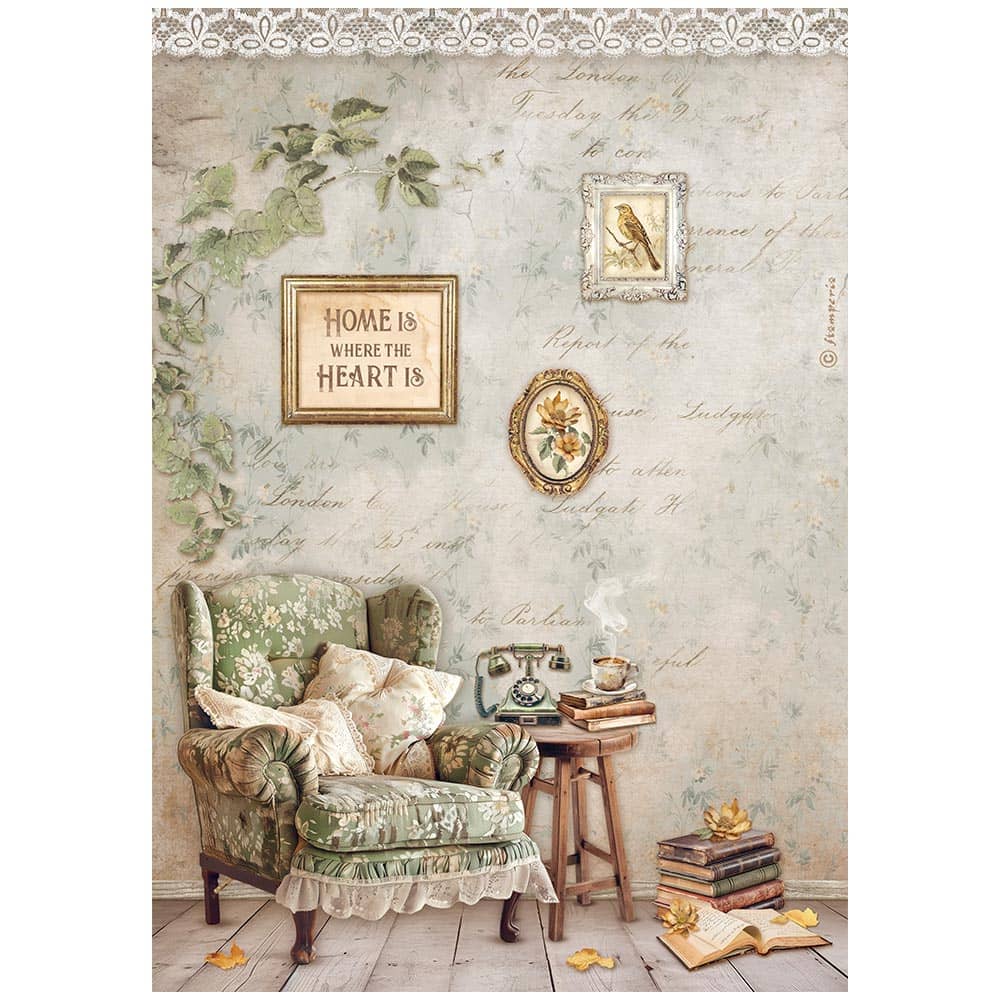 Rice Paper A4 - Golden Harmony - Chair - 1 - Stamperia - Tidformera