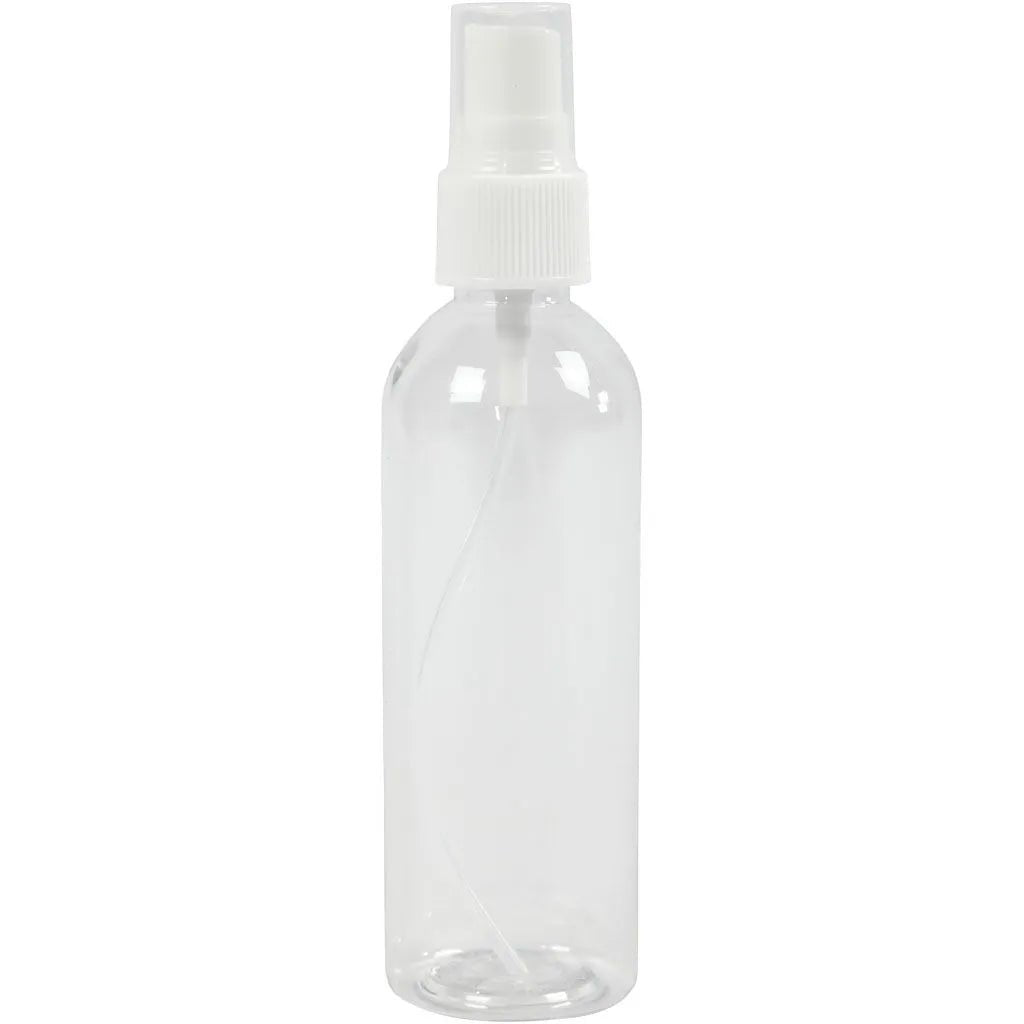 Sprayflaska 100 ml från Creotime. Liten transparent flaska med sprayfunktion och har ett lock. Tidformera