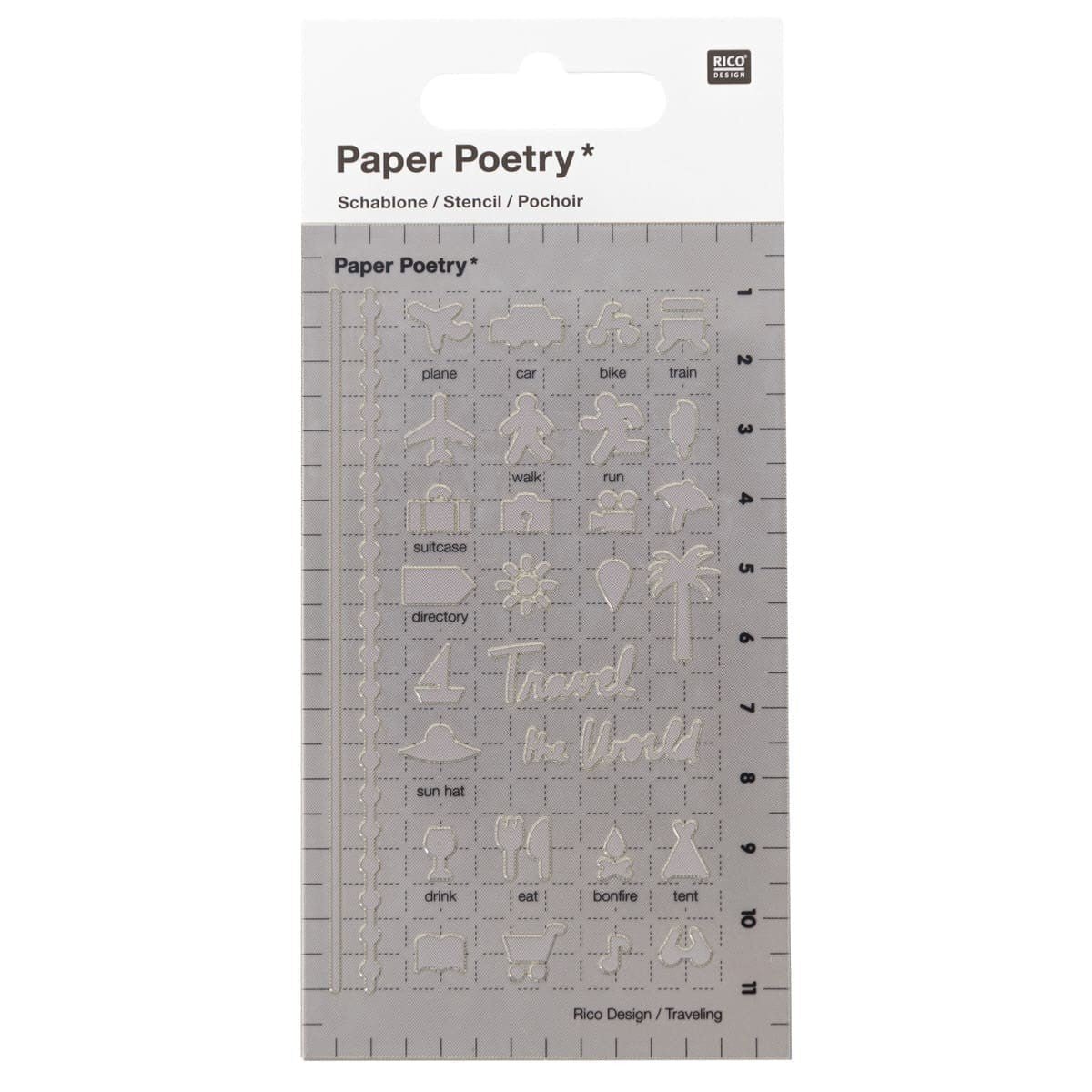 Stencil Paper Poetry Liten - Travel från Rico Design. Förpackning med en plaststencil. Stencilen har motiv med plan, bil, cykel, tåg, gå, springa, båt. - Tidformera