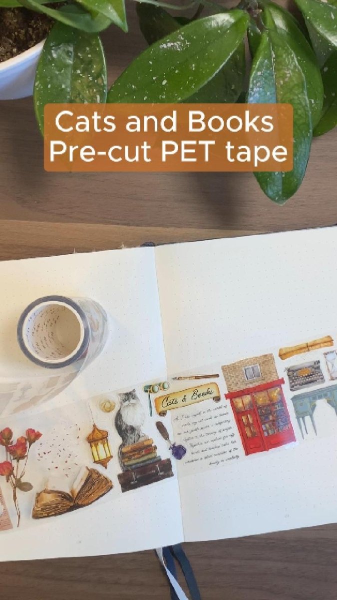 Sticker Pet Tape - Pre-cut - Cats and Books - 70 mm - 12 - Washi Tape Shop - Tidformera