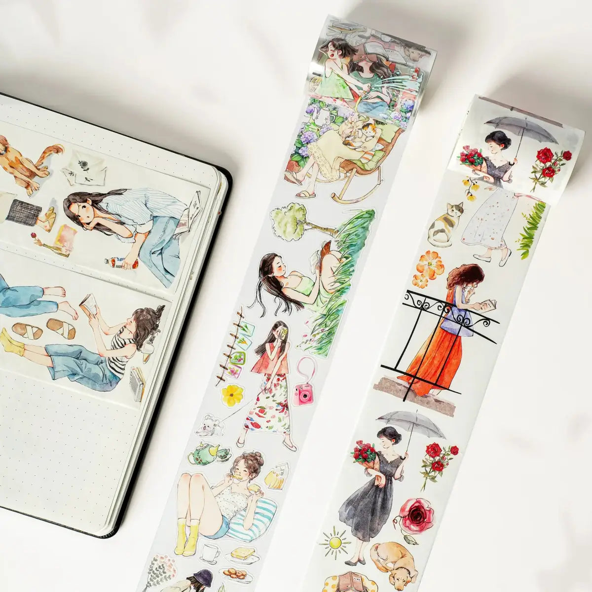 2 utrullade tejprullar med kvinnor i olika fritidsaktiviteterSticker. Pet Tape Pre-cut Leisurely Days The Washi Tape Shop