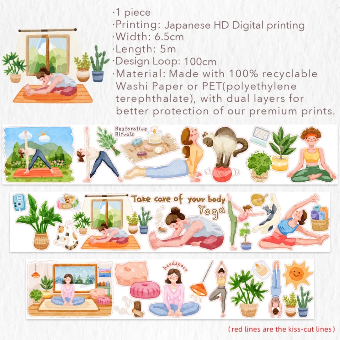 Sticker Pet Tape - Pre - cut - Yoga Ode - 65 mm - 9 - Washi Tape Shop - Tidformera