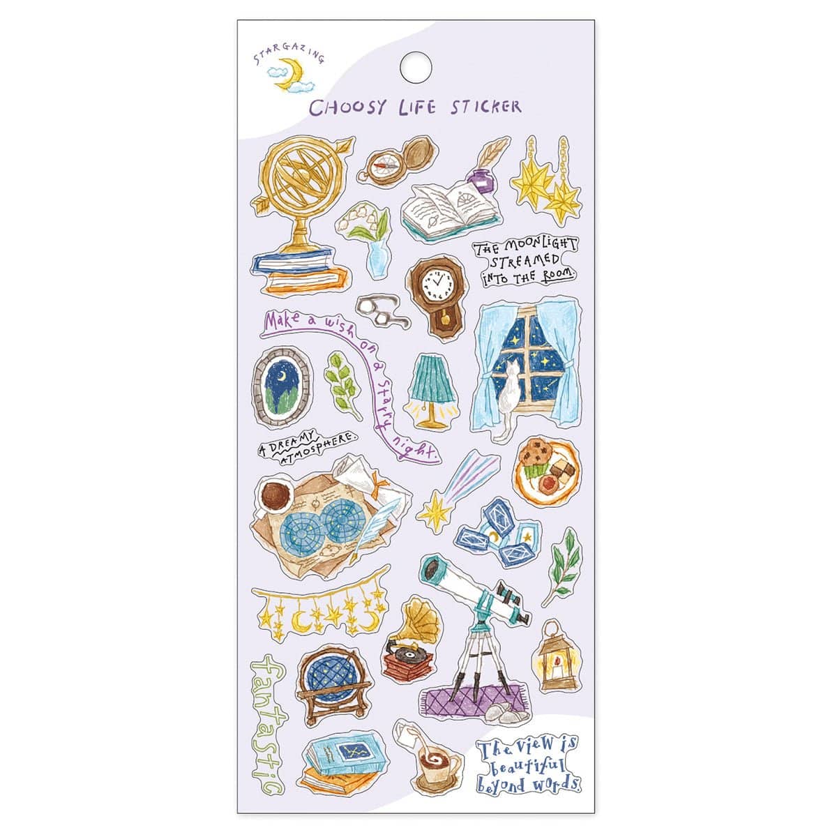 Stickers Choosey Life Sticker - Stargazing från Mind Wave. Ett ark med klistermärken på temat stjärnskådning. Stjärnkikare, stjärnkarta, böcker, i ett fönster sitter en katt och tittar på stjärnor - Tidformera