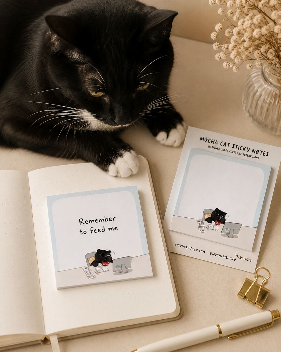 Sticky Notes - Mocha cat - Coworker - 5 - Moonaries illo - Tidformera