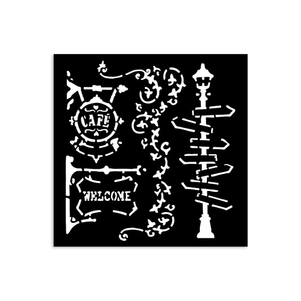 Thick Stencil 12 x 12 cm - Art of Travelling - Street Lamp and Sign - 1 - Stamperia - Tidformera