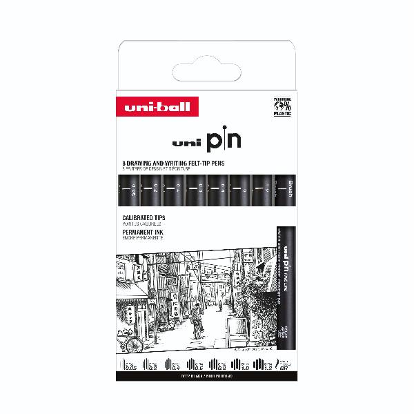Uni Pin Fineliner 8 - pack Black 0,05/0,2/0,4/0,6/0,8/1,0/1,2/BR - 1 - Uni Mitsubishi Pencil - Tidformera