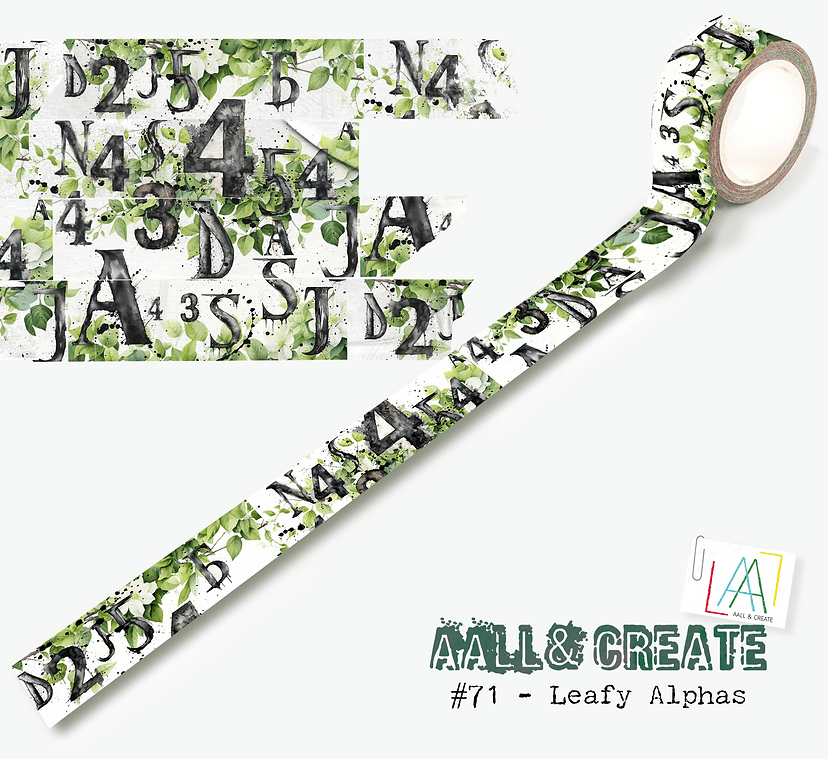 Dekorationstejp med svarta siffror, bokstäver på grön och vit bakgrund. Washi tape #71 Bipasha BK Leafy Alphas Aall & Create