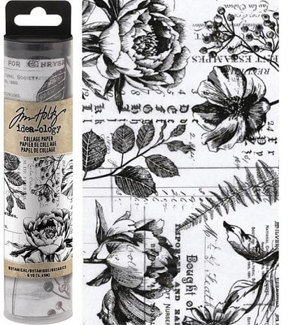 Serier - Collage paper Tim Holtz - En förpackning och ett utrullat motiv. Svart och vitt med mönster med växter - Tidformera