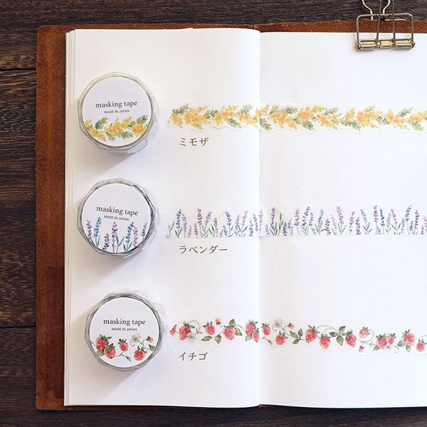 Serier - Die cut Mind Wave - Tre washi tape är utrullad och motiv med bär och blommor syns.  Tidformera