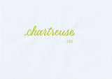 Handskriven text med ordet "chartreuse" i gulgrön färg, skriven med ABT Dual Brush Pen i nyansen 133 Chartreuse.