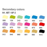 Swatches på de 18 färgerna i ABT Dual brush pen 18 - pack - Secondary colors från Tombow - Tidformera