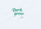 Handskriven text med orden "dark green" i mörkgrön färg, skriven med ABT Dual Brush Pen i nyansen 277 Dark Green.