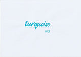 Handskriven text med ordet "turquoise" i turkos färg, skriven med ABT Dual Brush Pen i nyansen 443 Turquoise.