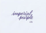 Handskriven text med ordet "imperial purple" i lila färg, skriven med ABT Dual Brush Pen i nyansen 636 Imperial Purple.