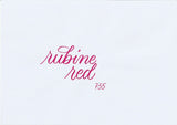 Handskriven text med orden "rubine red" i rubinröd färg, skriven med ABT Dual Brush Pen i nyansen 755 Rubine Red.