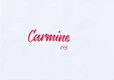 Handskriven text med ordet "Carmine" i karminröd färg, skriven med ABT Dual Brush Pen i nyansen 845 Carmine.