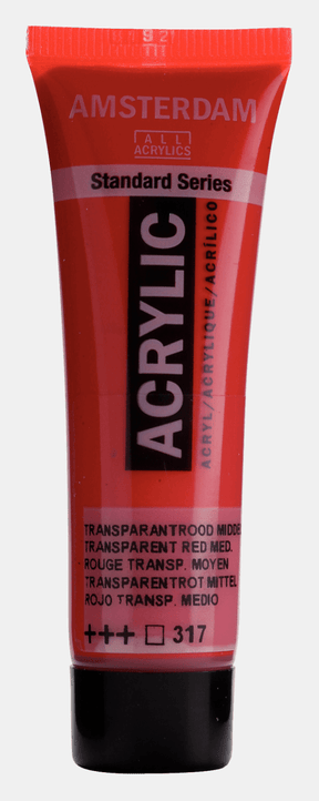 Liten tub med röd Amsterdam Akrylfärg 20 ml 317 - Transparent Red Medium röd Royal Talens - Tidformera