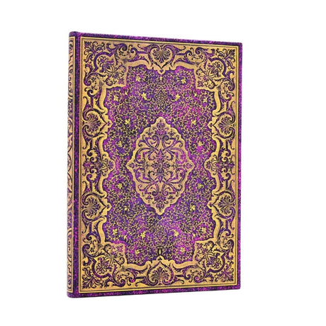 Anteckningsbok Picaresque - Midi Linjerad från Paperblanks. Boken har guldfärgat mönster på lila bakgrund. - Tidformera