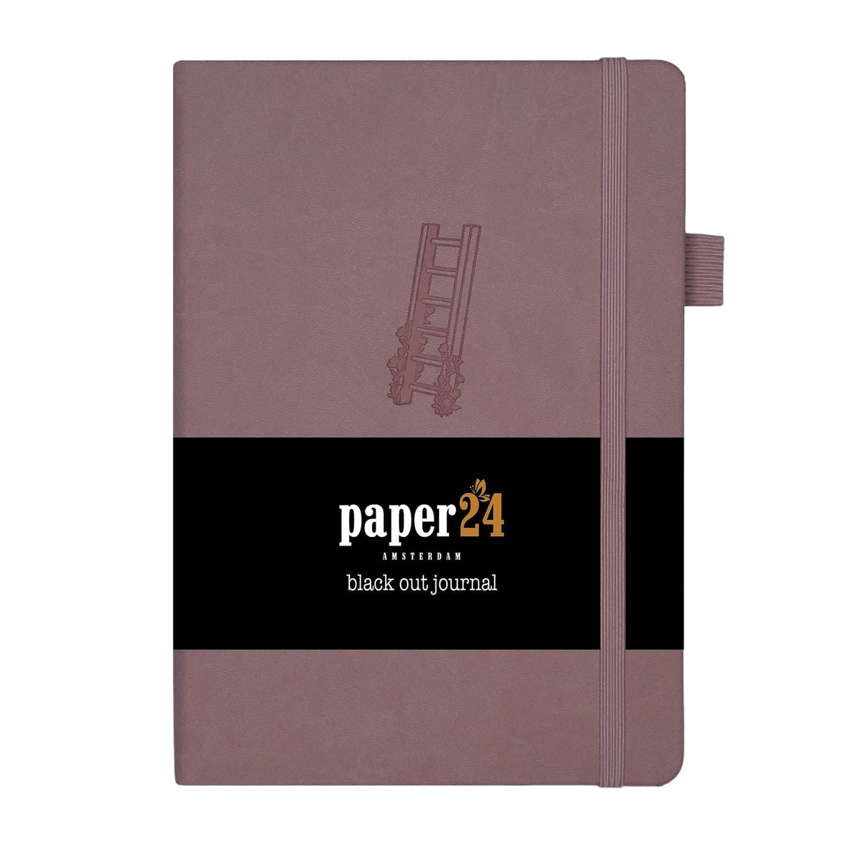 Black Out Journal A5 160 GSM - Romantic ladder från Paper24. Rosa anteckningsbok med en stege och blommor på pärmen. Boken har gummiband och pennhållare. Det sitter även ett papper runt boken som talar om att boken har svarta sidor. Tidformera