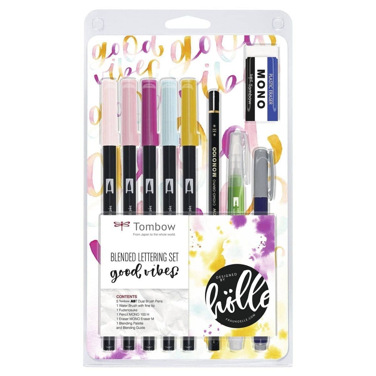 Blended lettering set - Good Vibes från Tombow. Förpackning med blandade penselpennor i rosa, gult och grått till lettering. - Tidformera