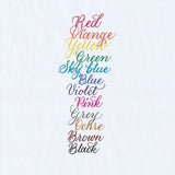 Handskriven text med orden "Red, Orange, Yellow, Green, Sky Blue, Blue, Violet, Pink, Grey, Ochre, Brown, Black" i olika färger, skriven med pennorna Pentel Brush Sign Pen från set Basic.